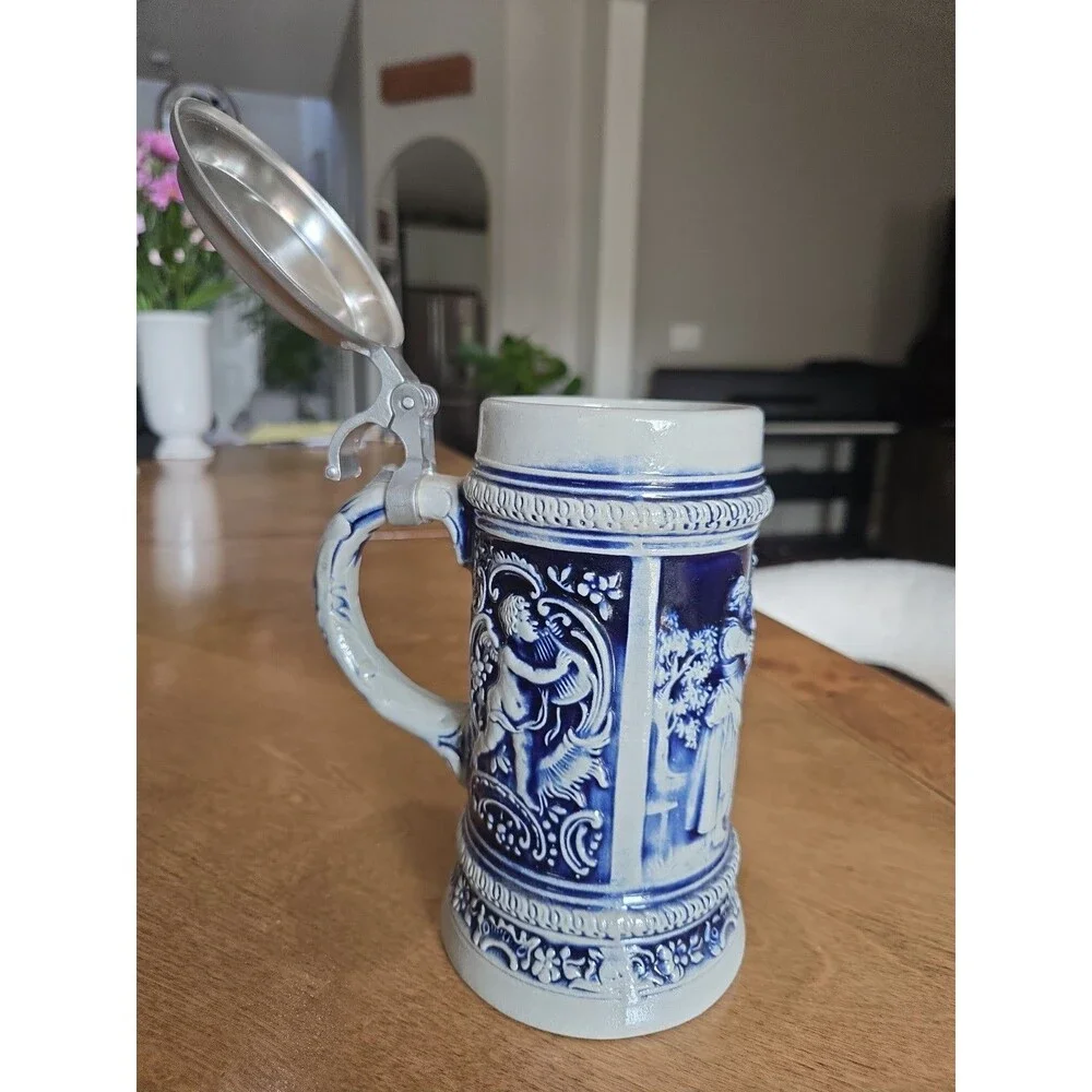 Old Gerz West German Beer Stein Cherub Stoneware Pewter Lid 8